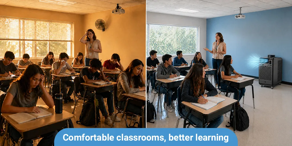 Side-by-side comparison of a classroom without proper cooling and a classroom with effective portable air conditioning